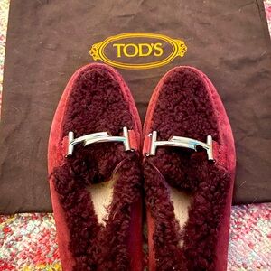 Tod's Burgundy Suede & Shearling Loafers with Silver Details